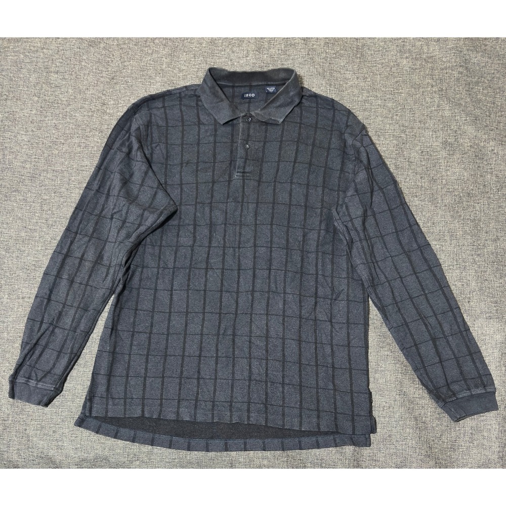 IZOD Mens XL Polo Shirt Long Sleeve Gray Grid Print Cotton